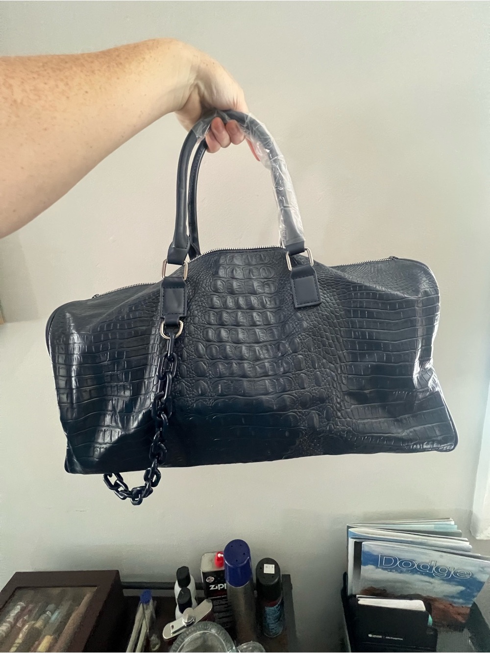 Black Croc-Embossed Weekender Bag
